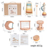 A set of seven wooden musical toys including a guitar, drums, and other instruments for children.