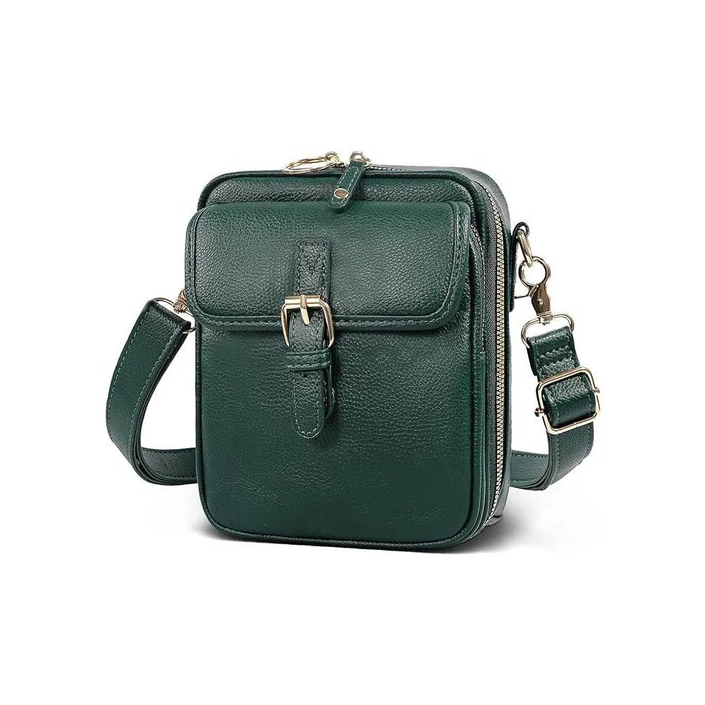 A dark green vegan leather messenger bag with a gold-toned buckle and adjustable strap.