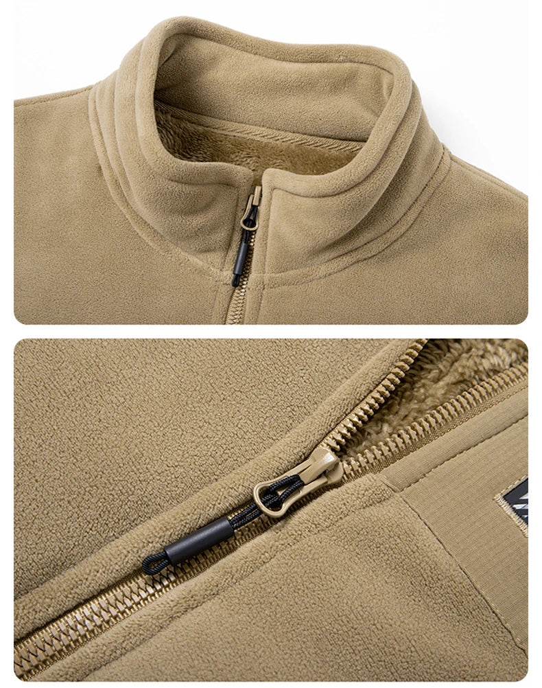 Close-up view of a tan fleece jacket with a zippered front and collar detail.