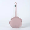 A pink silicone pacifier storage case with a lanyard and a cat-shaped topper.