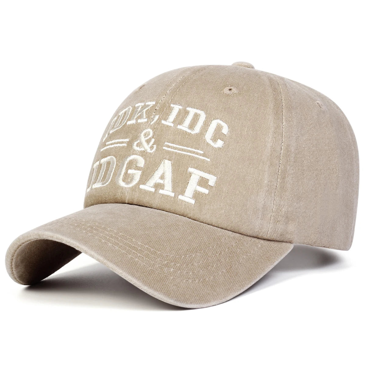 A beige letter-embroidered washed baseball cap featuring the text IDC & DGAF.
