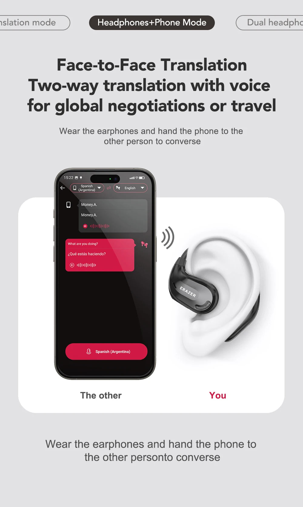Smarttelefonskjerm viser et ansikt-til-ansikt oversettelsesgrensesnitt med spansk (Argentina) valgt, ved siden av et par hvit