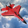 A red SU-35 fighter plane model is shown flying against a cloudy blue sky.