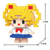 A yellow and white micro building block figurine of an animal character with pink accents and a blue skirt.