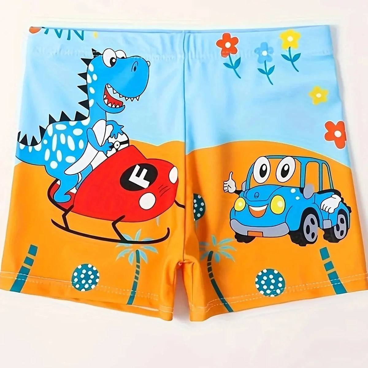 Boys' quick-dry dinosaur swim trunks featuring a blue dinosaur and a blue car design on an orange background