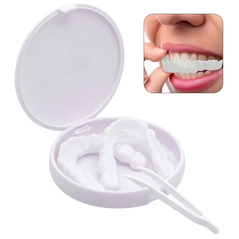 A white cosmetic denture teeth kit showing the denture teeth and a close-up of them being placed in a mouth.