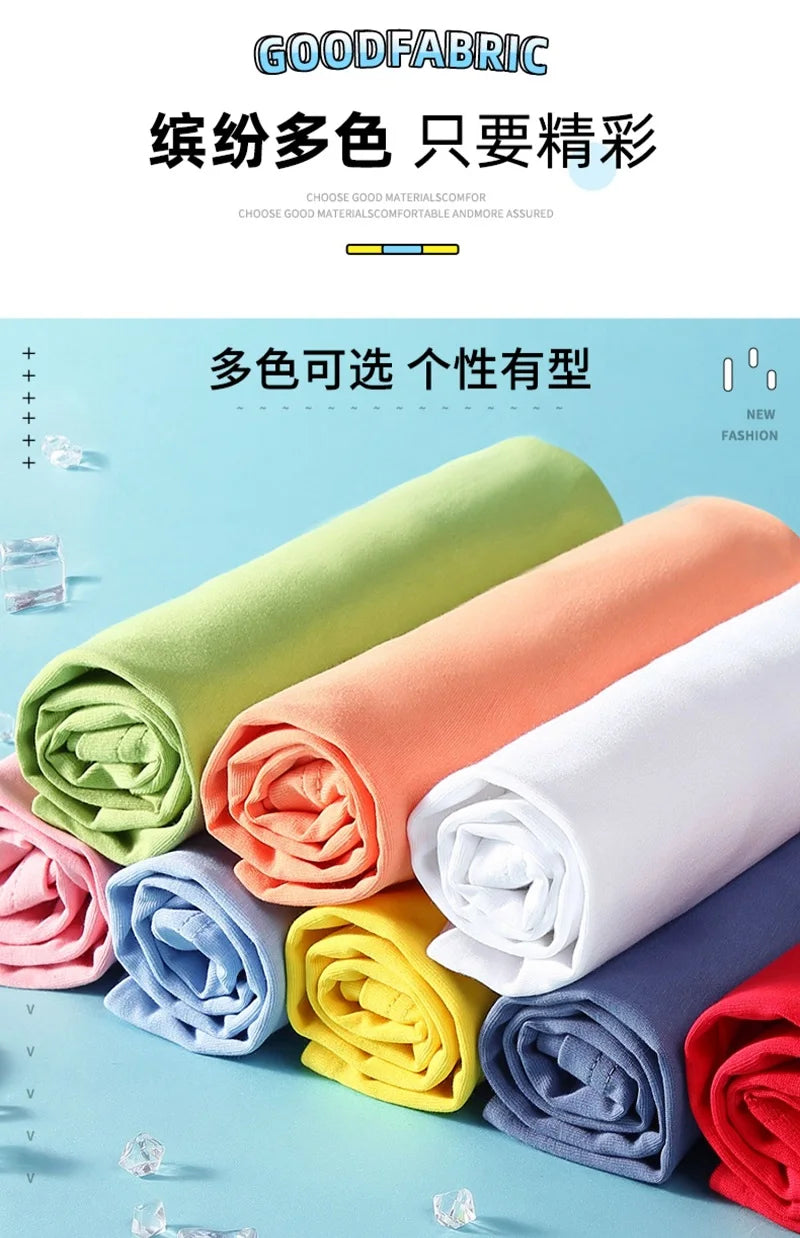 A variety of rolled fabric swatches in pastel and bright colors are displayed on a light blue background.