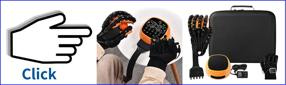 A set of hand rehabilitation robot gloves and a black carrying case for stroke recovery.