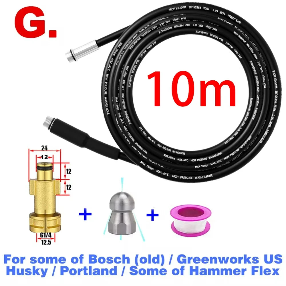 A black 10 meter high-pressure sewer jetting hose kit with a rotating nozzle and fittings.