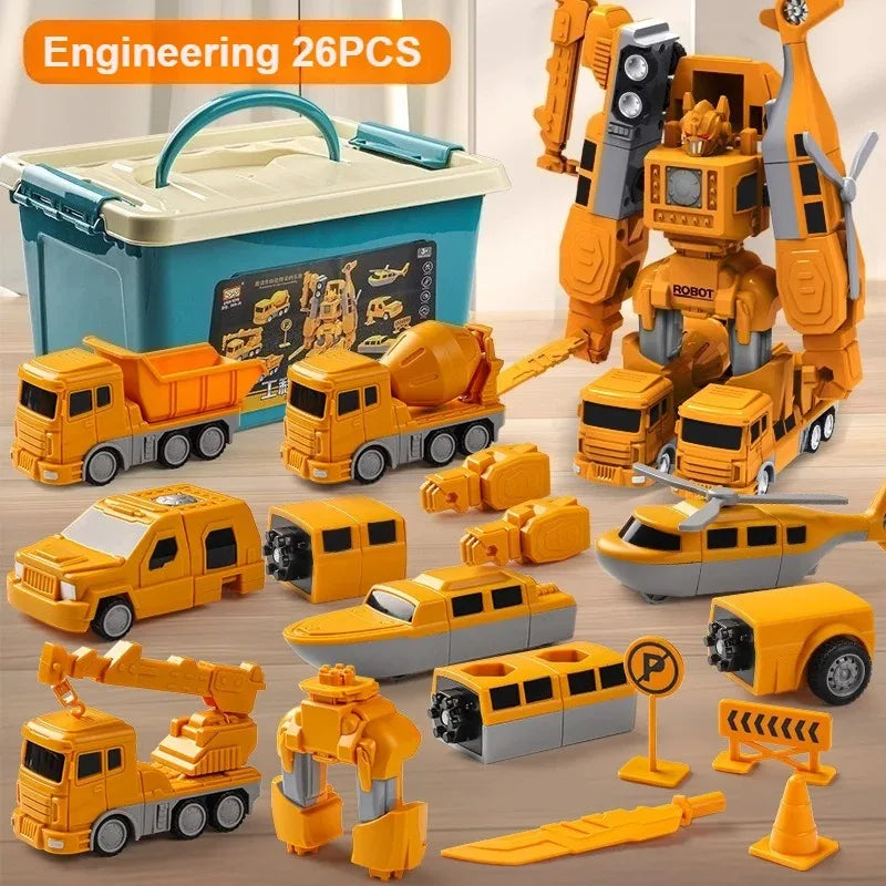 A set of yellow and orange magnetic engineering car robot building blocks and vehicles.