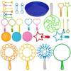 A collection of various bubble wands and toys in different colors including pink, green, yellow, and orange.