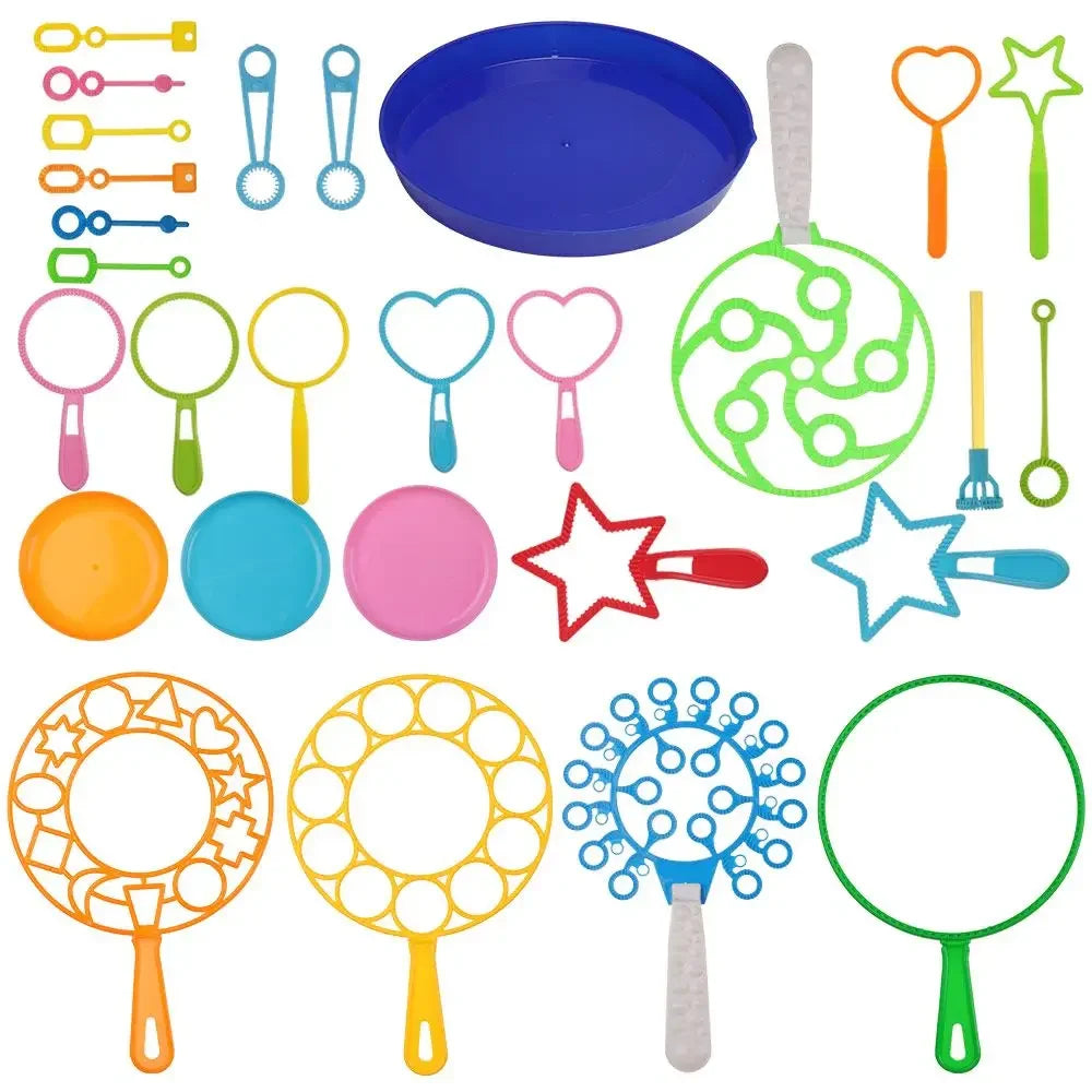 A collection of various bubble wands and toys in different colors including pink, green, yellow, and orange.