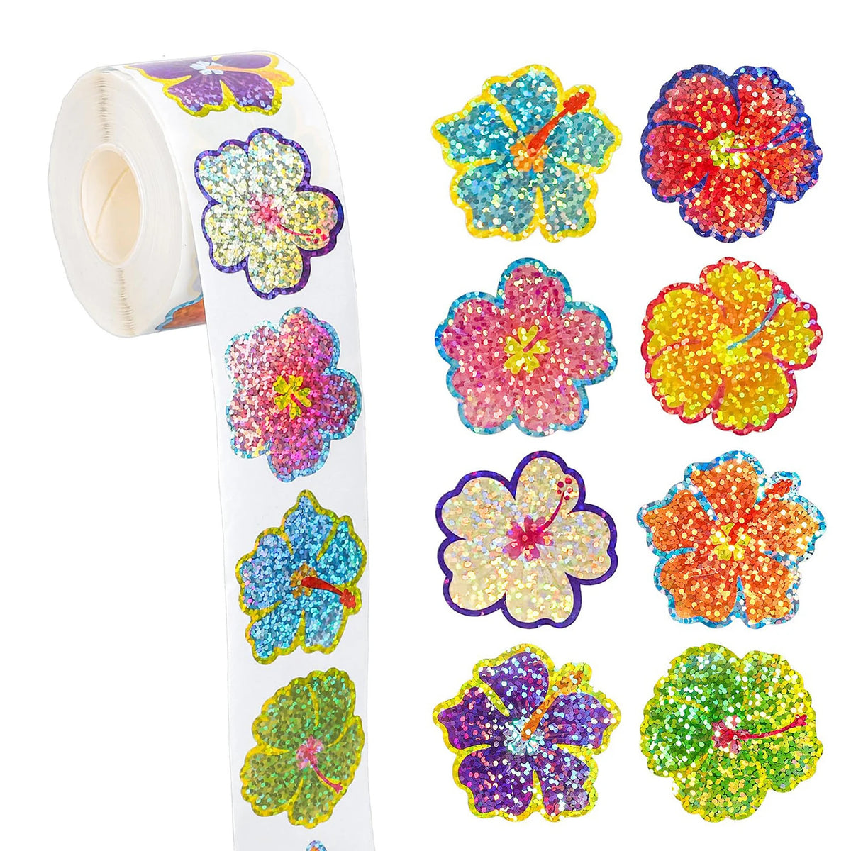 Roll of glitter flower round stickers in various colors for crafting and decoration