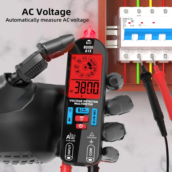A digital multimeter is shown measuring AC voltage on a circuit board next to an electrical outlet.