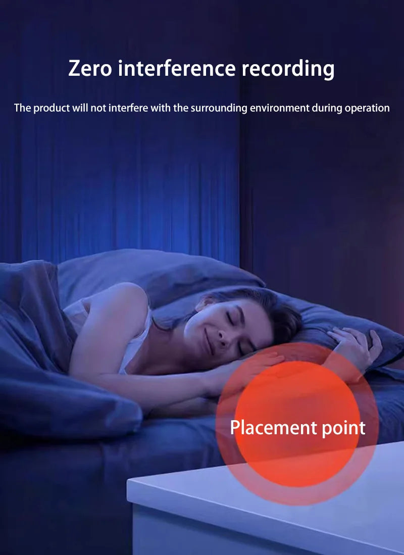 A person sleeping peacefully in bed, with a device placed nearby, illustrating zero interference recording.