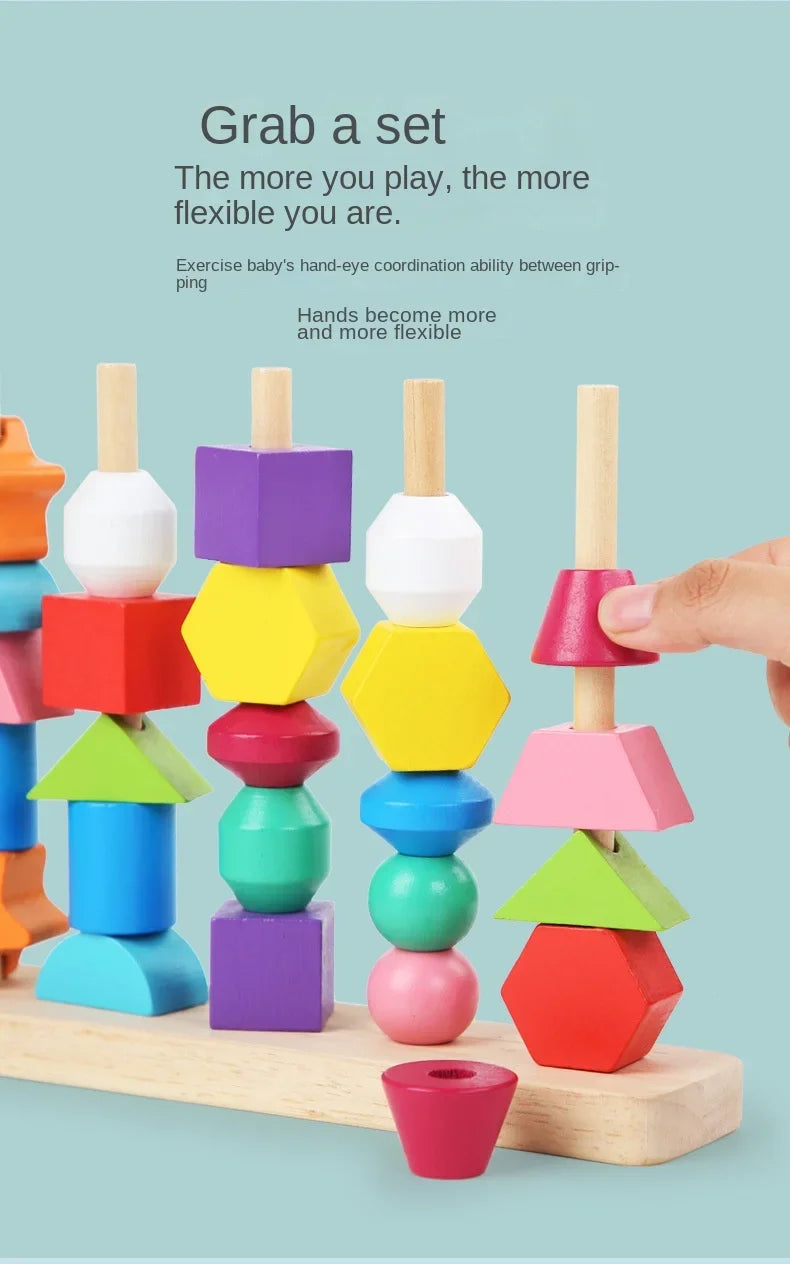 A set of colorful wooden shapes and rings for baby hand-eye coordination and gripping practice.