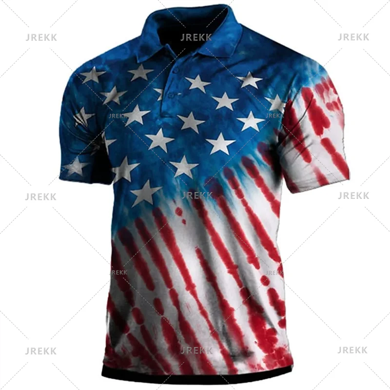 Kortermet poloskjorte med slitt vintage amerikansk flaggdesign med røde og hvite striper og blå stjerner.