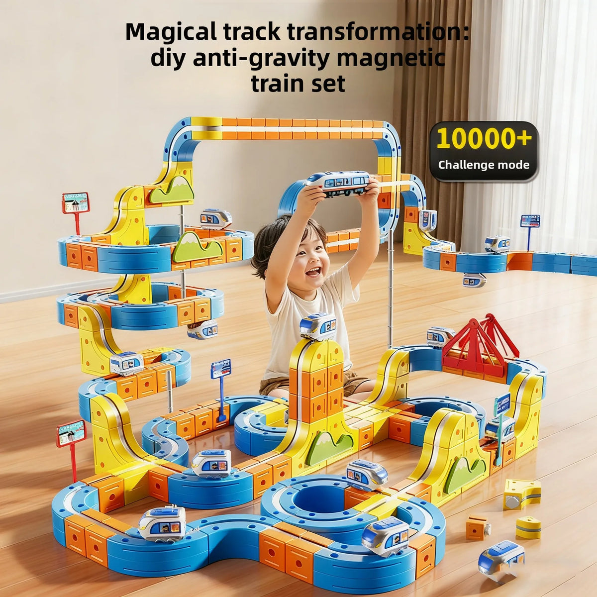 A child is playing with a colorful magnetic train set that forms a gravity maze structure on a wooden floor.