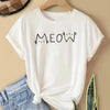 White women's casual crew neck t-shirt with black cat graphic text