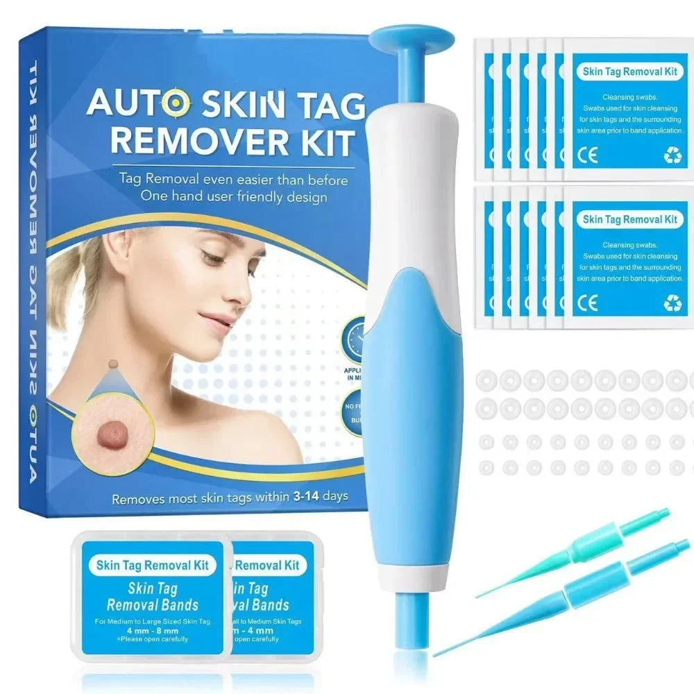A box and components for an auto skin tag remover kit including a device and adhesive bands