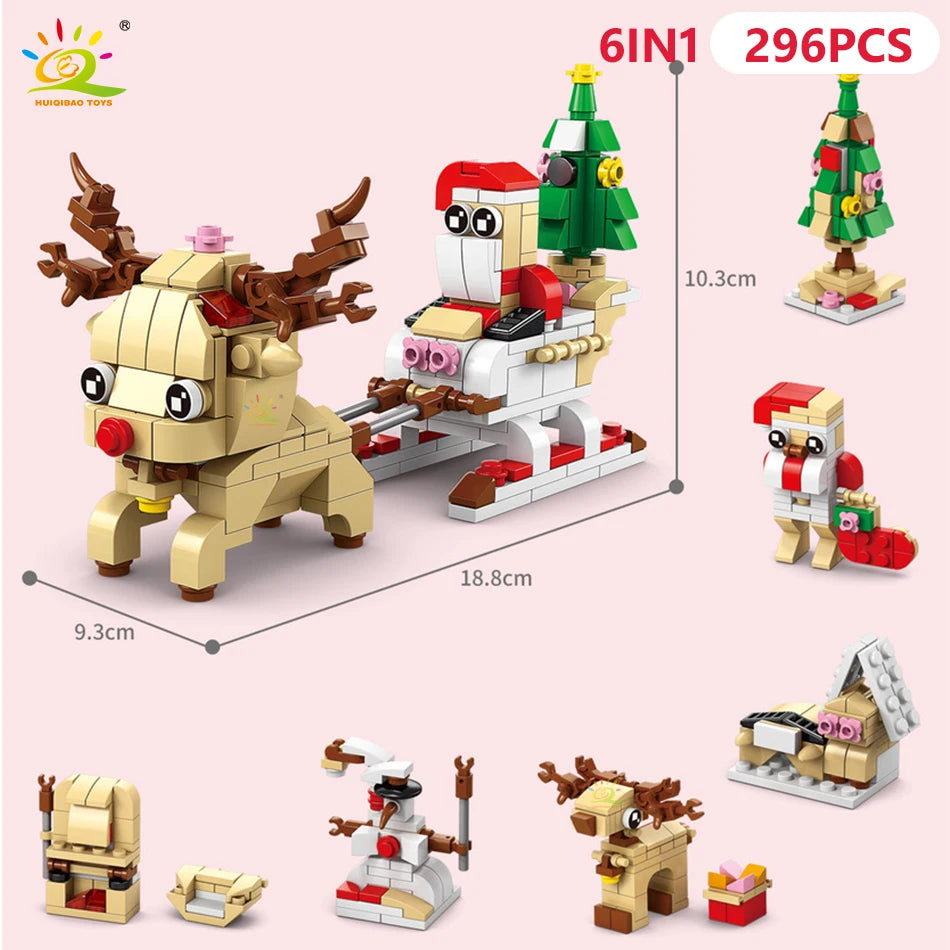 A set of 296 pieces of building blocks featuring a deer, a snow house, and a Santa figure.