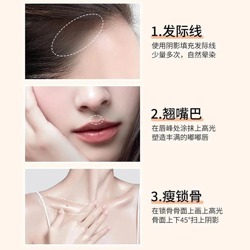 Instructions for applying waterproof hairline shadow powder, including drawing lines and blending techniques.