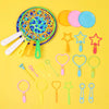 A colorful set of bubble wands and bubble solution for outdoor fun.
