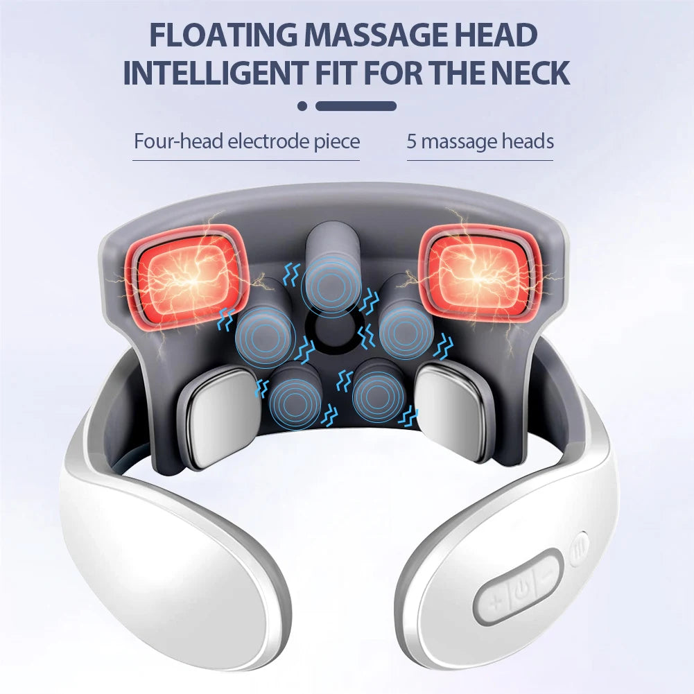 A gray floating massage head device for the neck, featuring four electrode pieces and five massage heads.