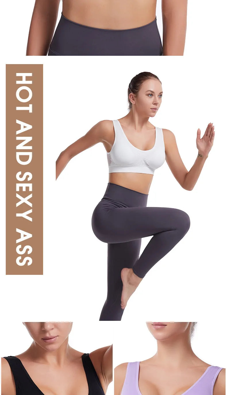 A woman models a gray sports bra and leggings, highlighting the fit of the breathable plus size athletic wear.