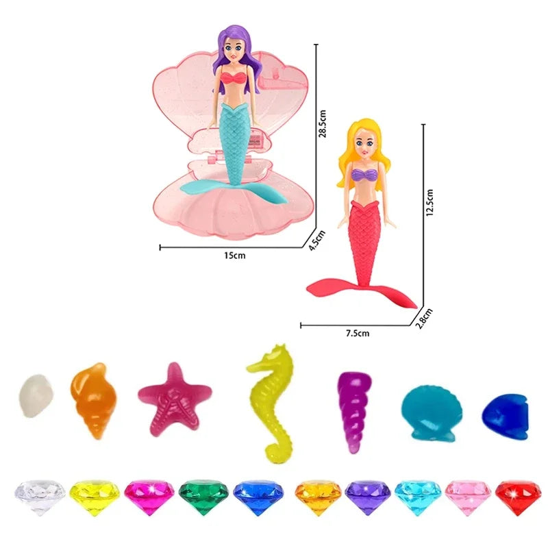 A collection of colorful mermaid shell pool toys and gemstone-shaped plastic toys.