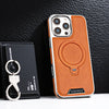 A brown leather case with a magnetic stand is shown next to an iPhone, featuring a camera module on the back.
