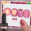 Flacon de gel cat eye Puente Fruit Platter avec des embouts d'ongles roses et violets.