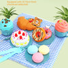 A tablecloth set with a checkered pattern, featuring various pretend play food items like donuts and cakes.