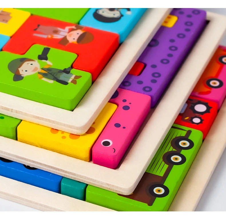 A wooden animal transport puzzle set featuring colorful wooden blocks shaped like various animals and vehicles.