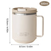 A beige double wall insulated stainless steel travel mug with a lid and handle, shown in a side view.
