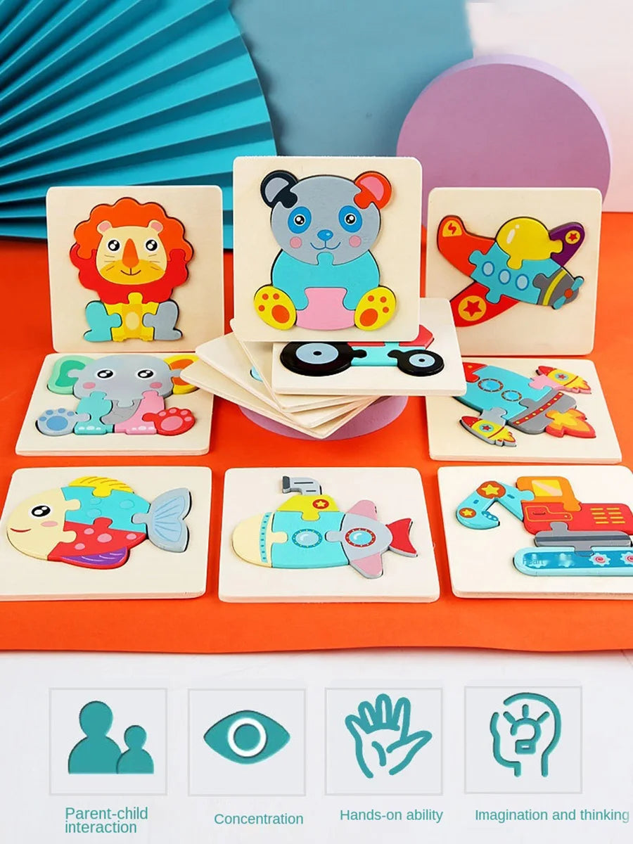 A collection of wooden 3D animal jigsaw puzzles for children featuring various animals and shapes.