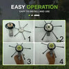 Four steps showing the easy operation of a 6-inch steel wire brush trimmer head for weed and moss removal.