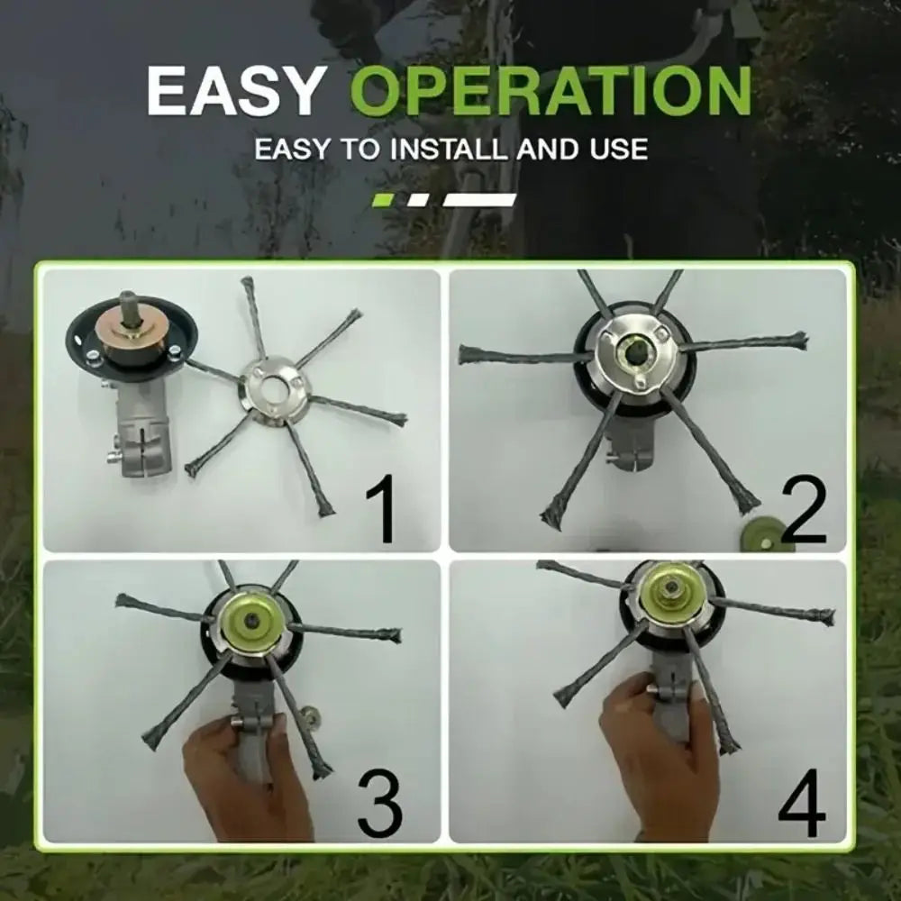 Four steps showing the easy operation of a 6-inch steel wire brush trimmer head for weed and moss removal.