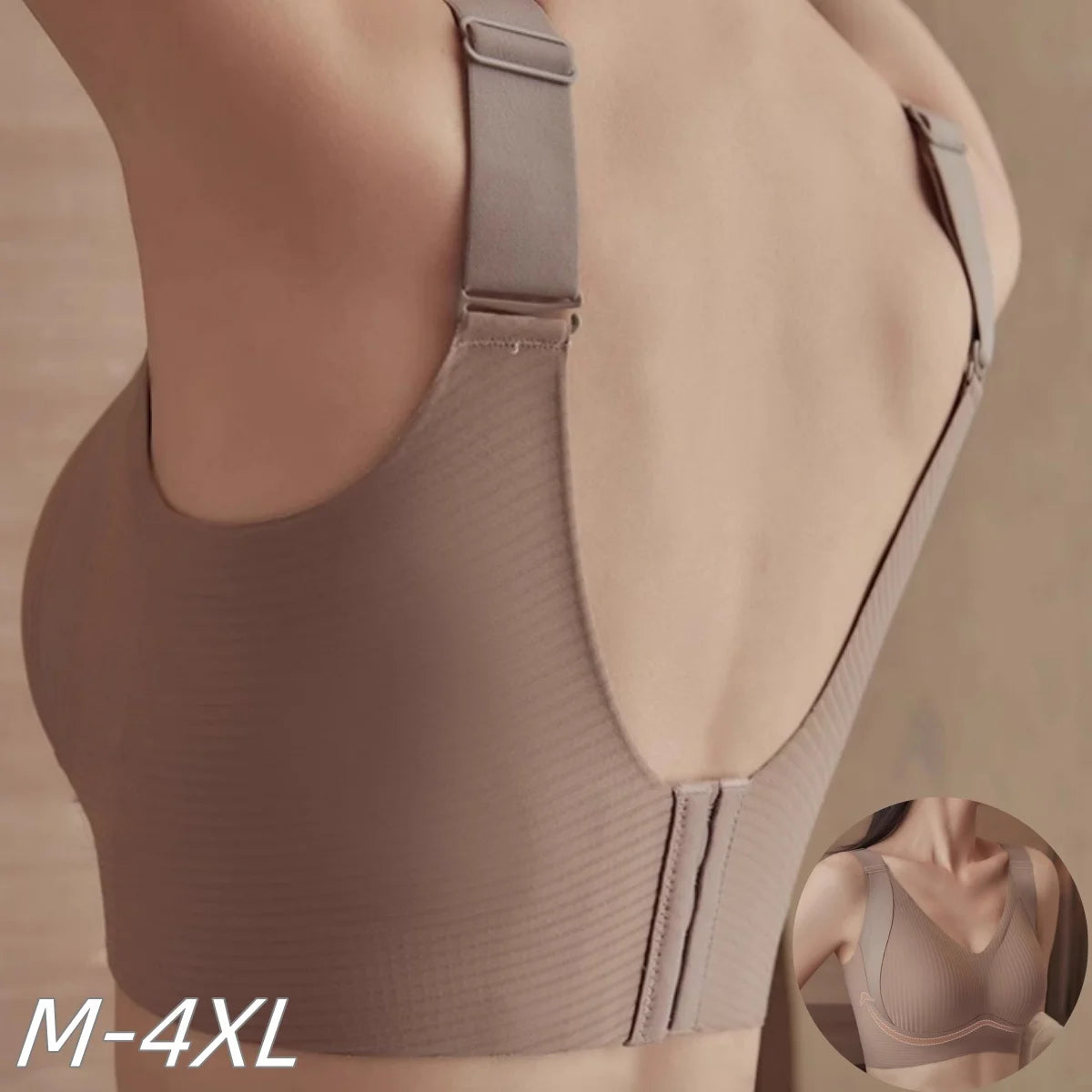 A close-up view of a taupe wireless push-up bra with ribbed seamless design worn on the back.
