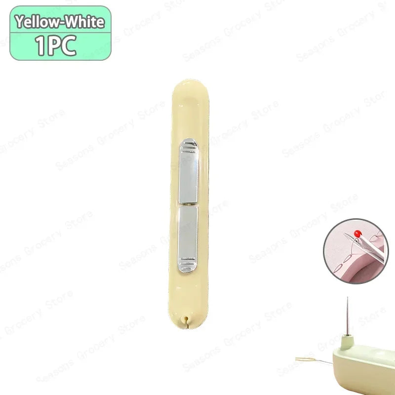 A yellow-white 2-in-1 needle threader and seam ripper set with a metal tool visible.