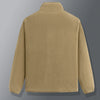 Back view of a tan men's full-zip fleece jacket with a high collar and long sleeves.