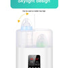 A white multi-function baby bottle warmer and sterilizer device with a digital display.