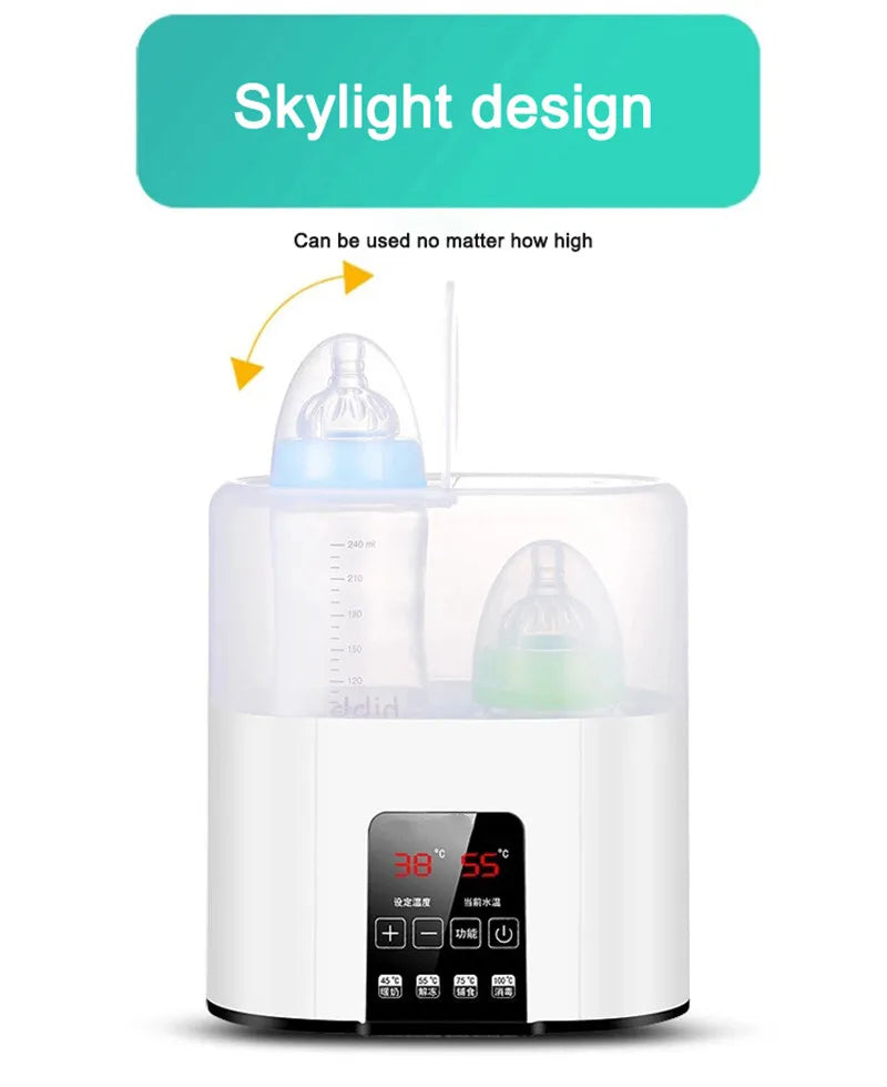 A white multi-function baby bottle warmer and sterilizer device with a digital display.