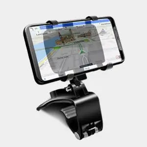 En svart universal 360° roterende biltelefonholder med en smarttelefon som viser et kart.