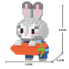 A grey and pink rabbit figurine built from micro building blocks, wearing an orange vest and blue pants.