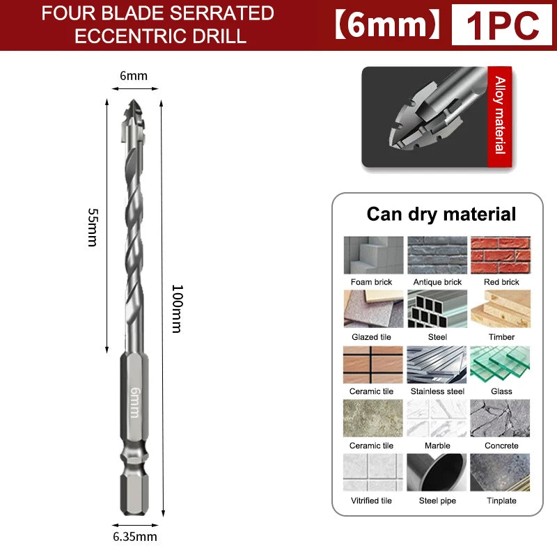 Fire blad sagkant eksentriske drillbits, 6 mm, for boring i fliser og glass