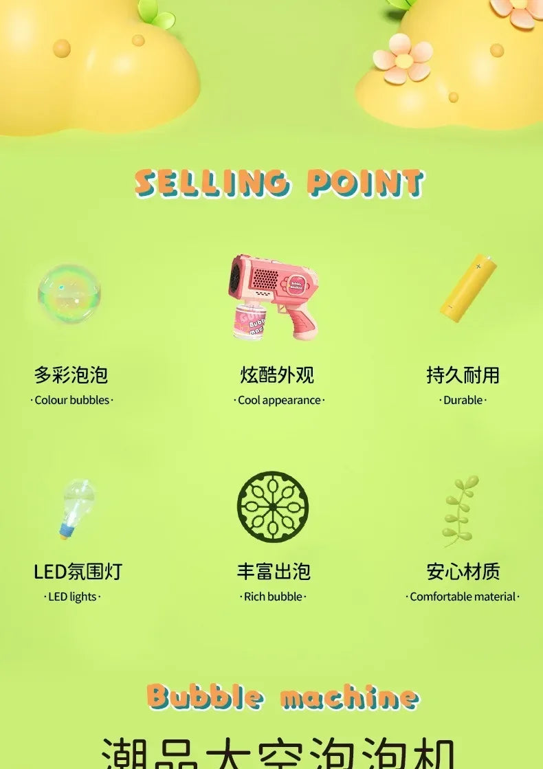 A yellow bubble machine with various features including LED lights, cool appearance, and durable material.