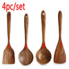 A set of four natural teak wood cooking utensils, including a spoon and a spatula.