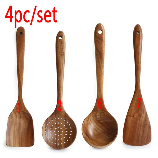 A set of four natural teak wood cooking utensils, including a spoon and a spatula.