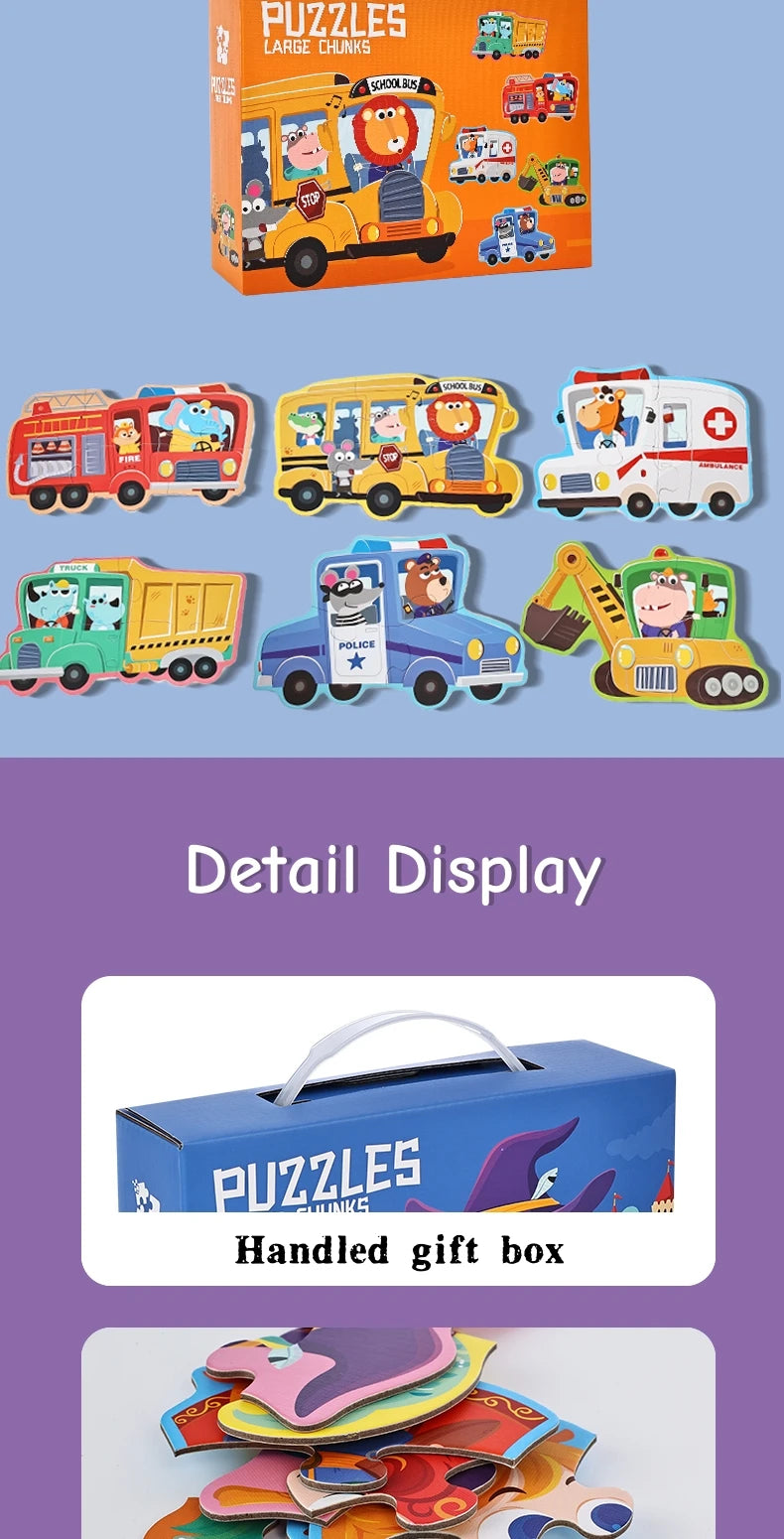 A box of six-in-one educational puzzles featuring various vehicles and characters for kids